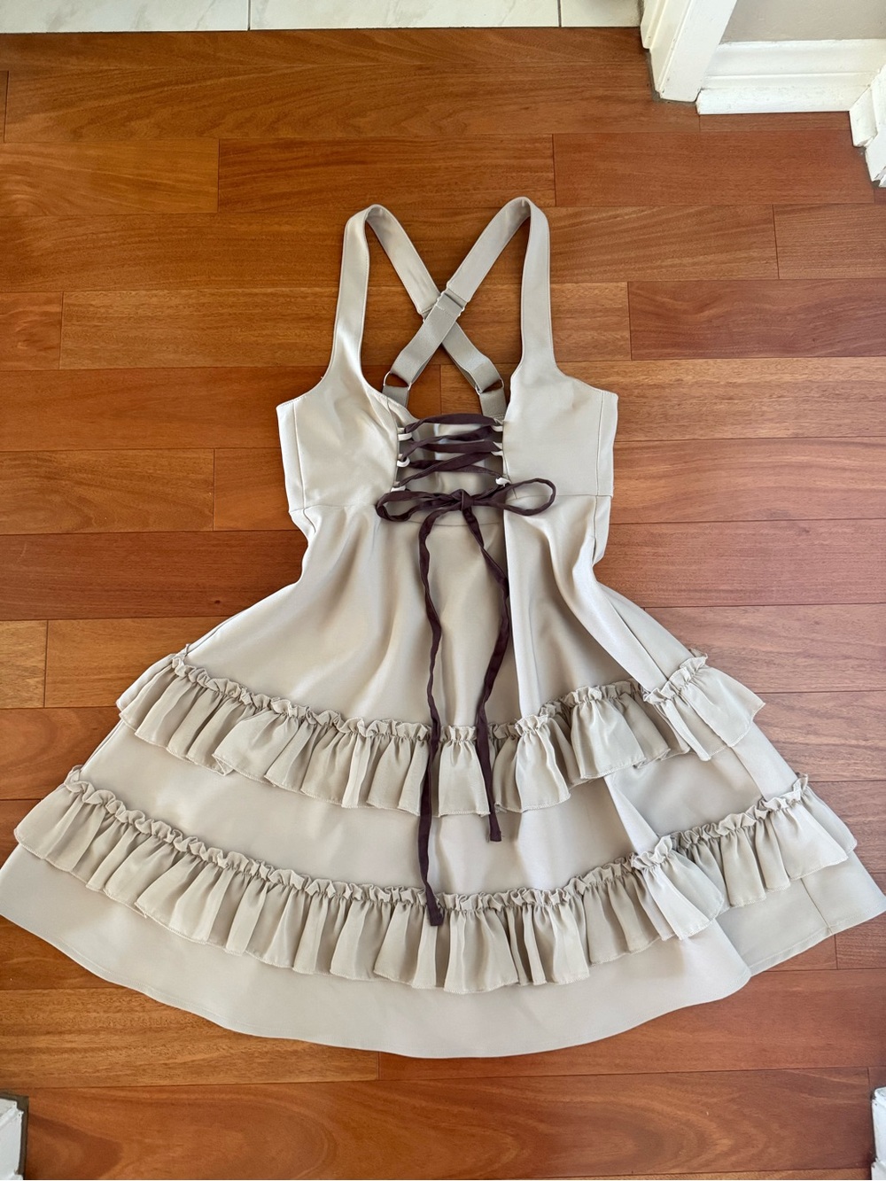 BNWT Thorn & Fable Brown Tiered Ruffle Lace Up Mini Dress with Pockets